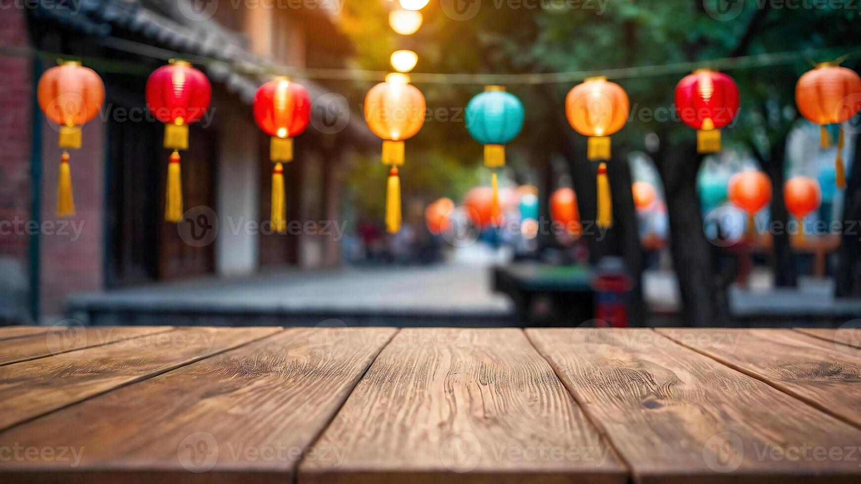 AI generated Empty table in front of Chinese street city with lanterns background. For product display montage photo