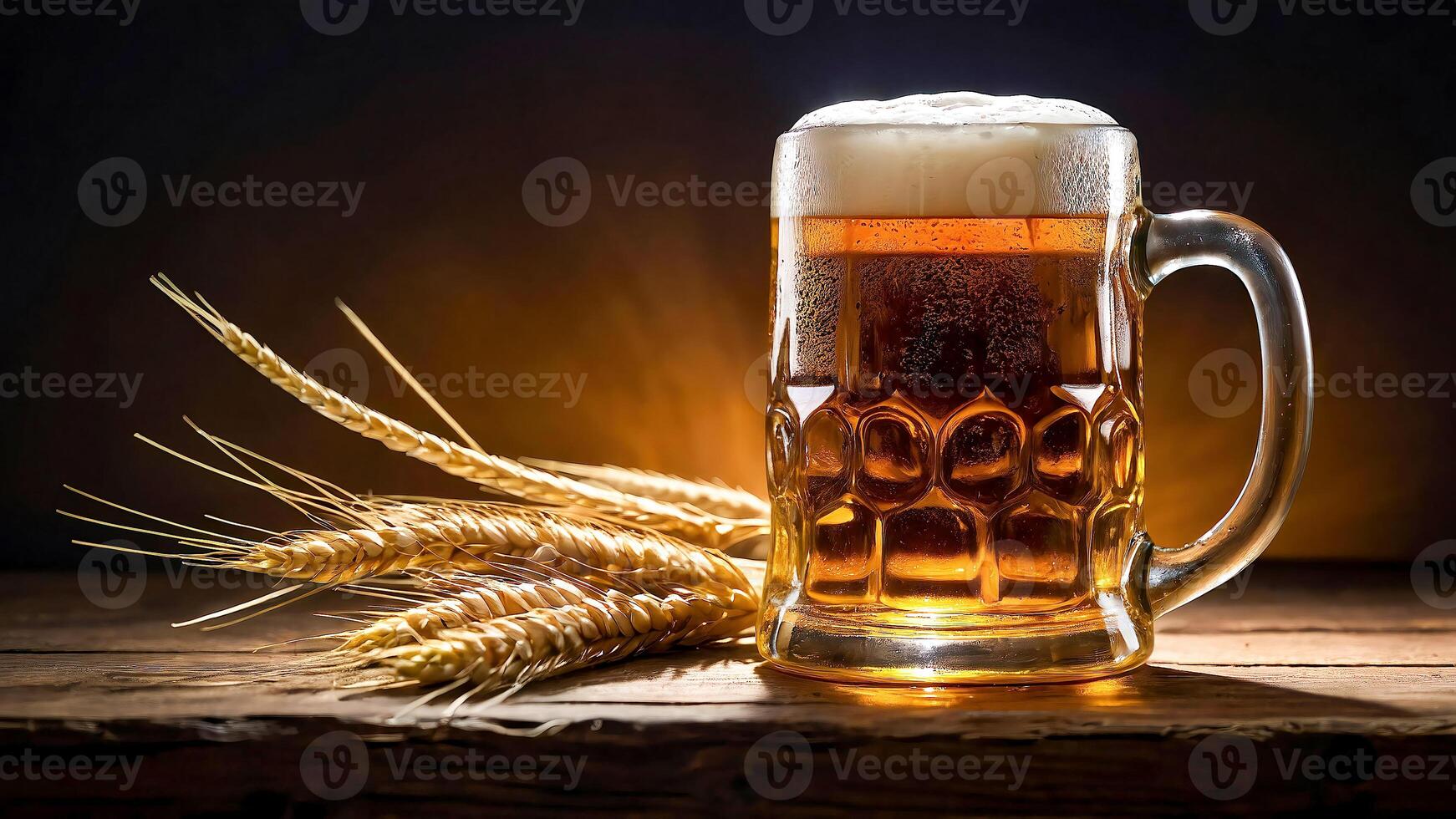 AI generated Beer in mug and wheet on wooden table and backlighting photo