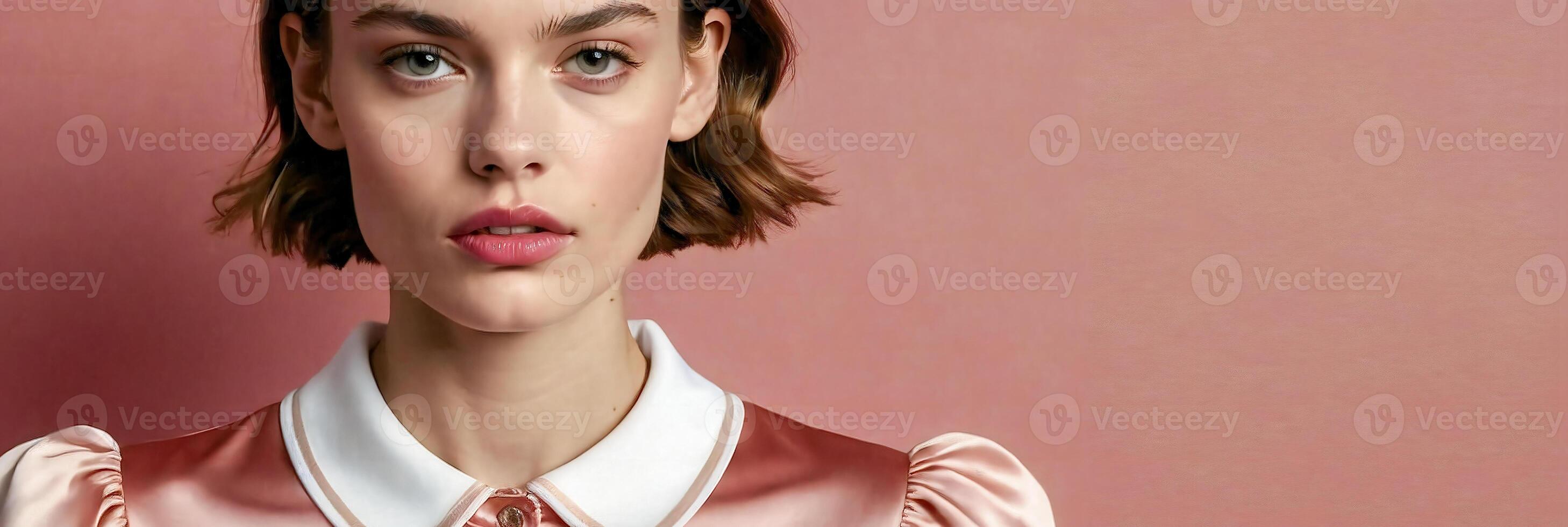AI generated Vintage 1940s pink soft silk Satin Dress, woman wearing a puffy sleeve silk shirt photo