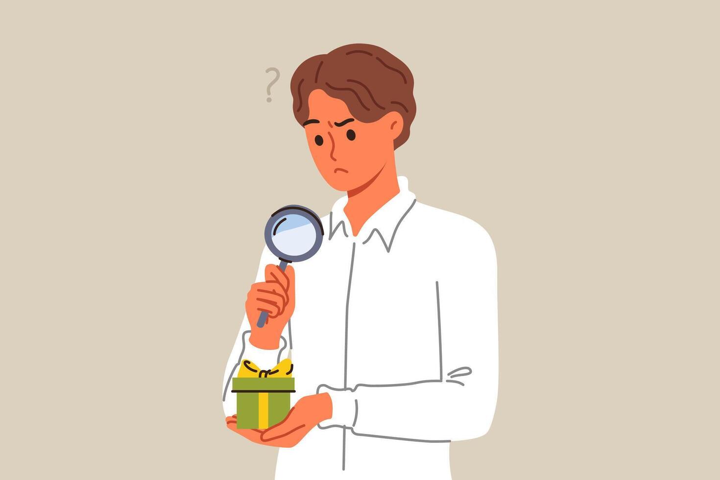 Business man examines suspiciously small gift box, using magnifying glass to spot catch vector
