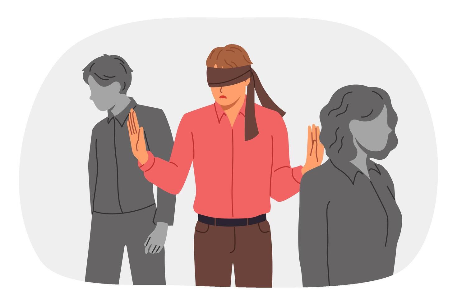 Blindfolded man wanders among colleagues, feeling insecure due to lack of professional qualifications. Blindfolded guy stands out from crowd needs help regaining spatial orientation. vector