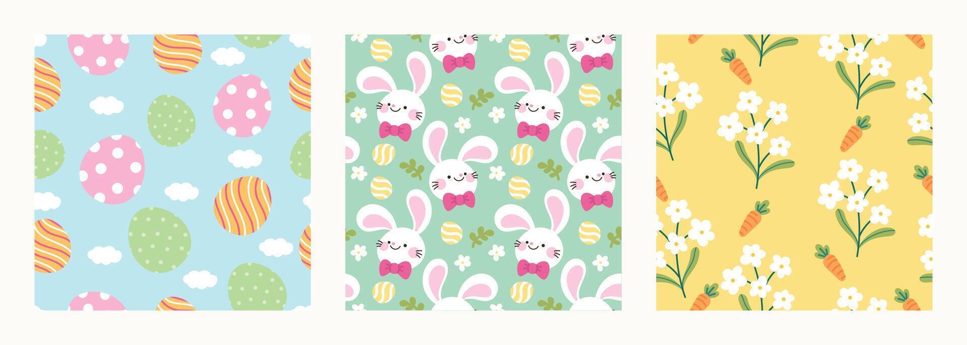 Happy Easter seamless pattern vector. Set of square cover design with easter egg, flower, rabbit, foliage. Spring season repeated in fabric pattern for prints, wallpaper, cover, packaging, kids, ads. vector