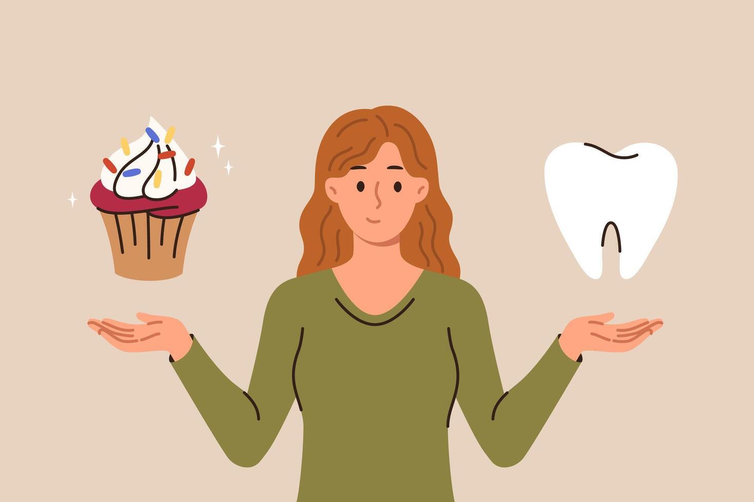 mujer llamadas a pensar acerca de problema caries causado por comiendo dulce alimentos, sostiene gigante diente y mollete vector