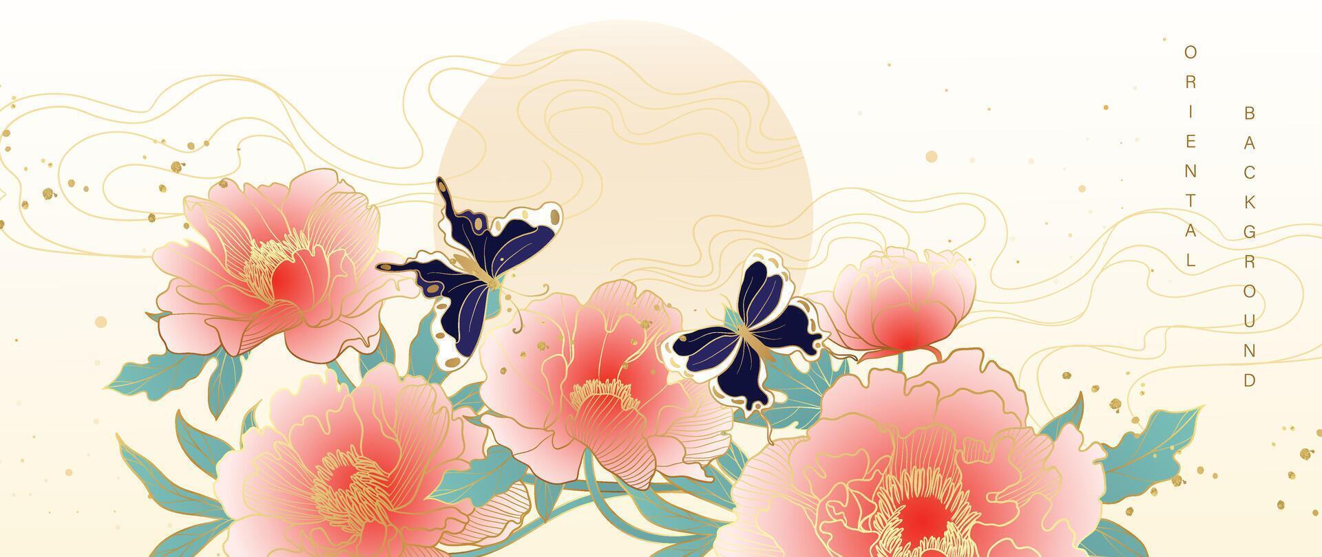 lujo oro oriental estilo antecedentes vector. chino y japonés fondo de pantalla modelo diseño de elegante mariposas y peonía flor con degradado oro línea textura. diseño para decoración, pared decoración. vector