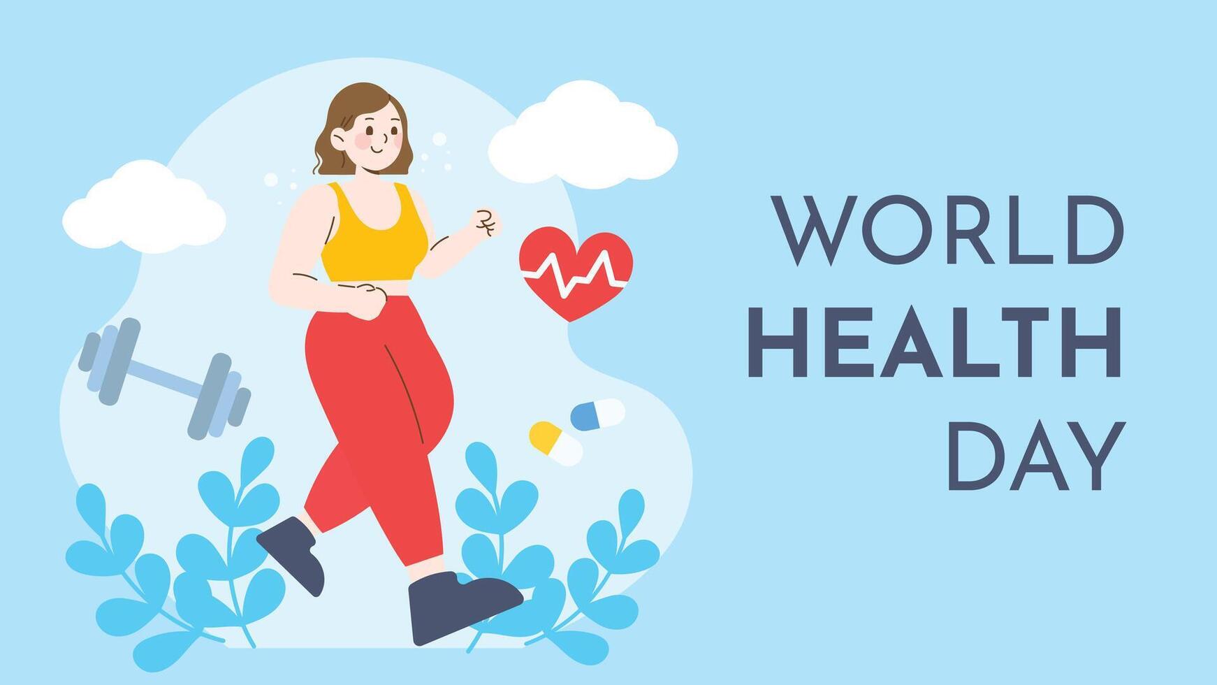World health day concept, 7 April, background vector. Hand drawn comic doodle style of people working out, exercise, leaves, heart. Design for web, banner, campaign, social media post. vector