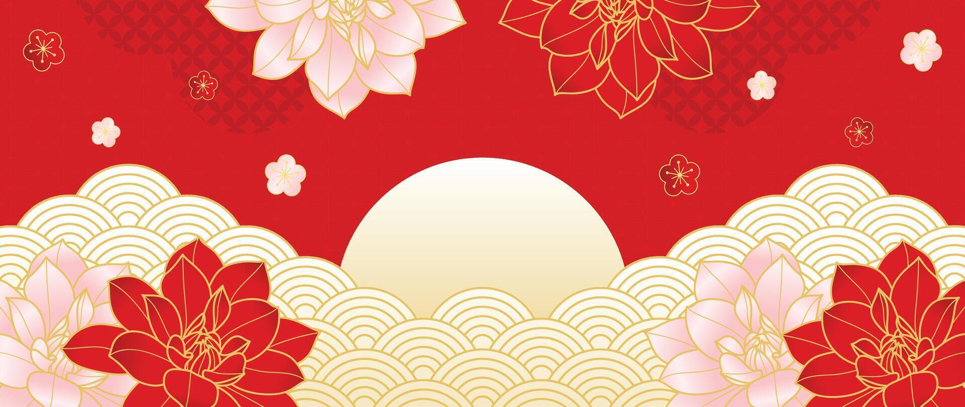 Luxury gold oriental style background vector. Chinese and Japanese wallpaper pattern design of elegant sea wave and lotus flowers with gradient gold line texture. Design for decoration, wall decor. vector