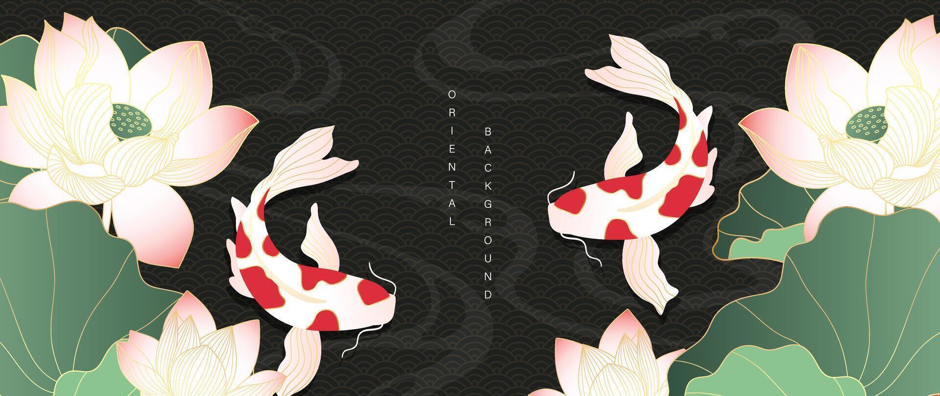 lujo oro oriental estilo antecedentes vector. chino y japonés fondo de pantalla modelo diseño de elegante koi carpa pez, loto flor con degradado oro línea textura. diseño para decoración, pared decoración. vector