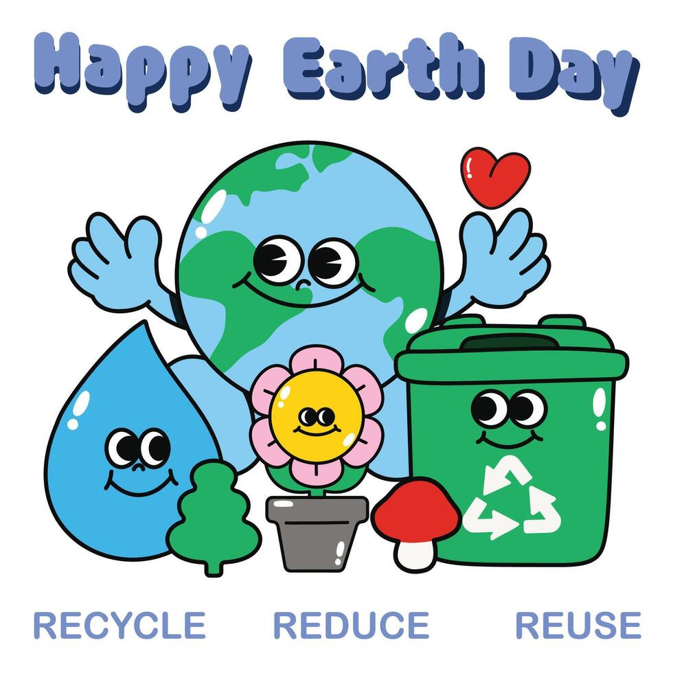 Happy Earth day concept background vector. Save the earth, globe, recycle bin, water drop, flower groovy style. Eco friendly illustration design for web, banner, campaign, social media post. vector