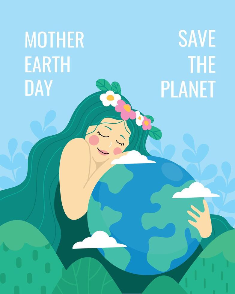 Happy Earth day concept background vector. Save the earth, globe, mountain, woman hugging earth, cloud. Eco friendly illustration design for web, banner, campaign, social media post. vector