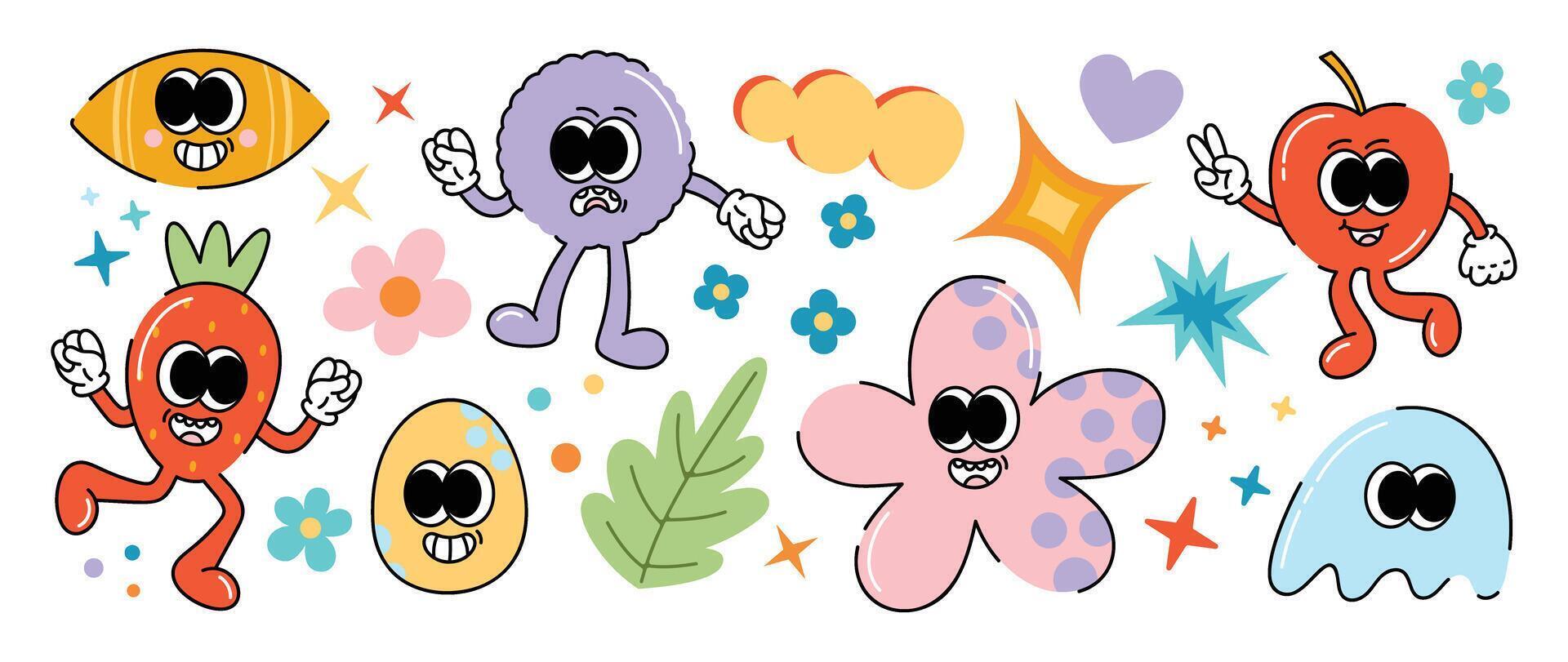 Set of funky groovy element vector. Collection of cartoon characters, doodle smile face, flower, apple, strawberry, egg. Cute retro groovy hippie design for decorative, sticker, kids, clipart. vector