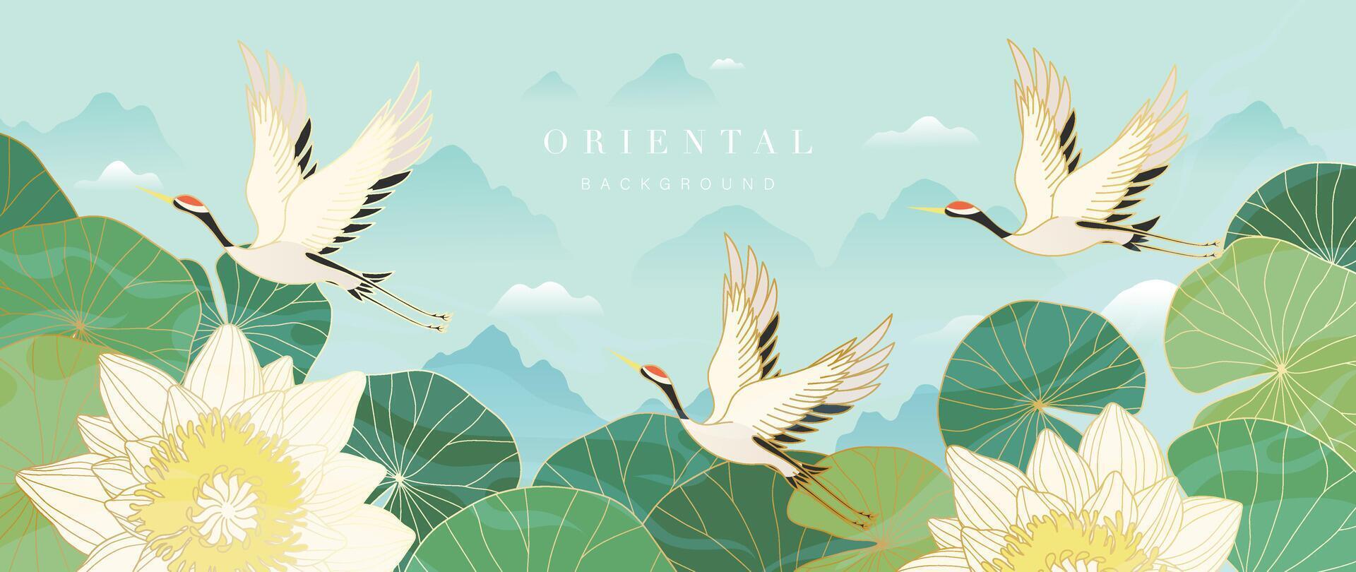 Luxury gold oriental style background vector. Chinese and Japanese wallpaper pattern design of elegant crane birds and lotus flowers with gradient gold line texture. Design for decoration, wall decor. vector