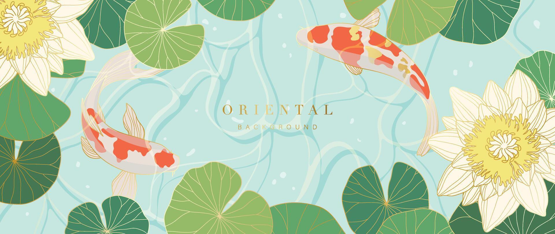 Luxury gold oriental style background vector. Chinese and Japanese wallpaper pattern design of elegant koi carp fish, lotus flower with gradient gold line texture. Design for decoration, wall decor. vector