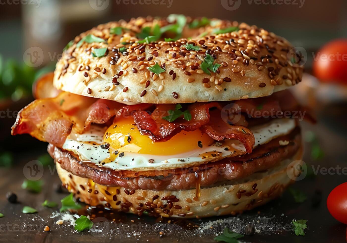 AI generated An English muffin sandwich with crispy bacon, egg and cheese. photo