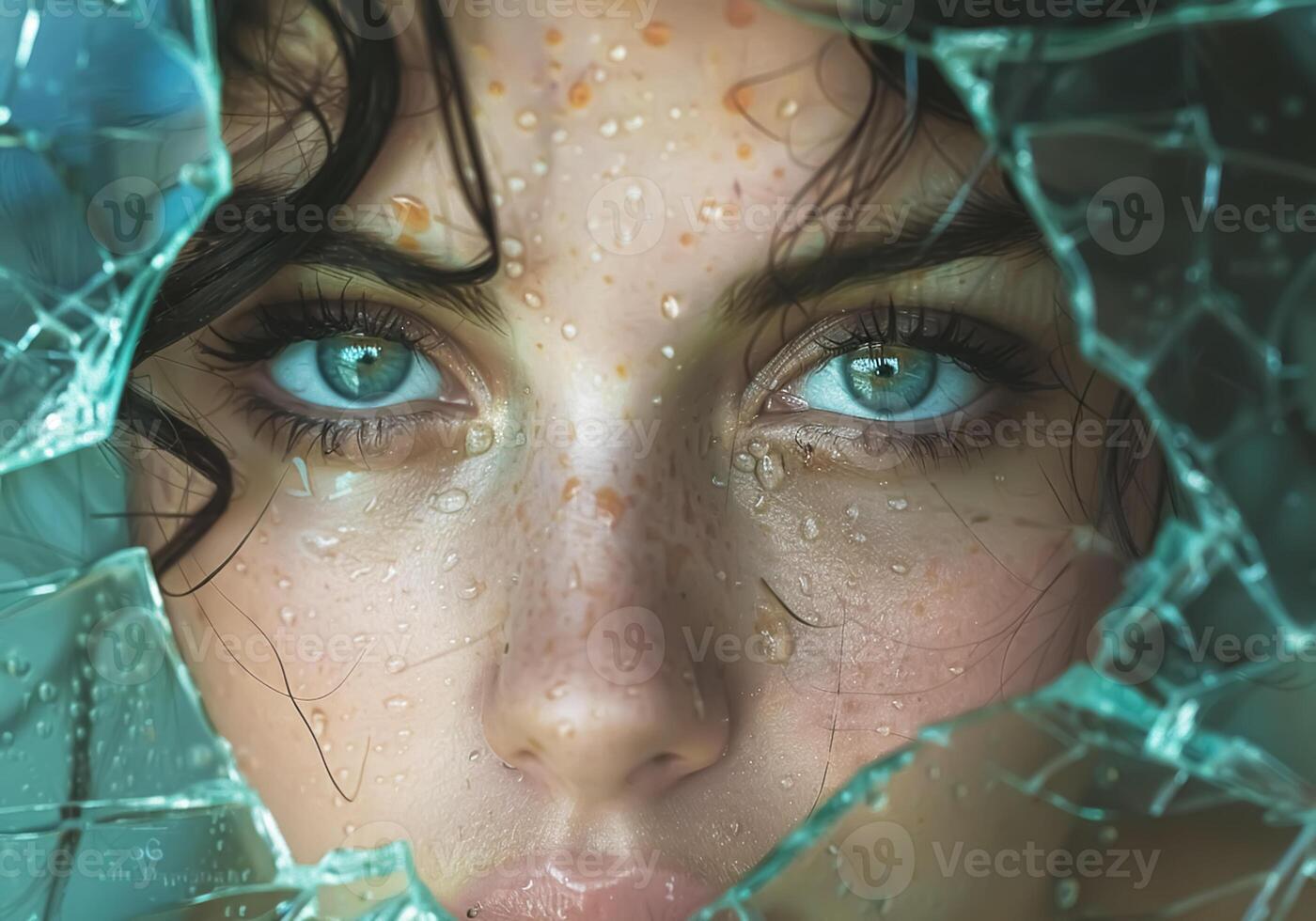 AI generated Beautiful woman behind broken glass. photo