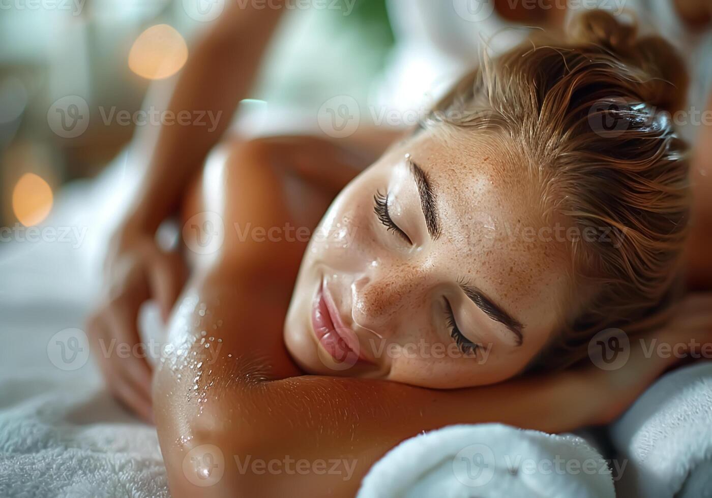 ai generado detalle de un mujer relajante en un spa, espalda masaje. foto