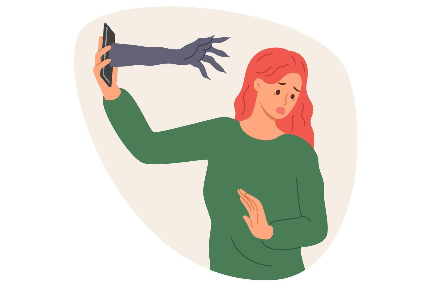 Woman frightened by horrors spreading through phone, turning away from hand monster crawling out smartphone. Girl became victim of cyberbullying and shaming caused by gender discrimination on forums vector