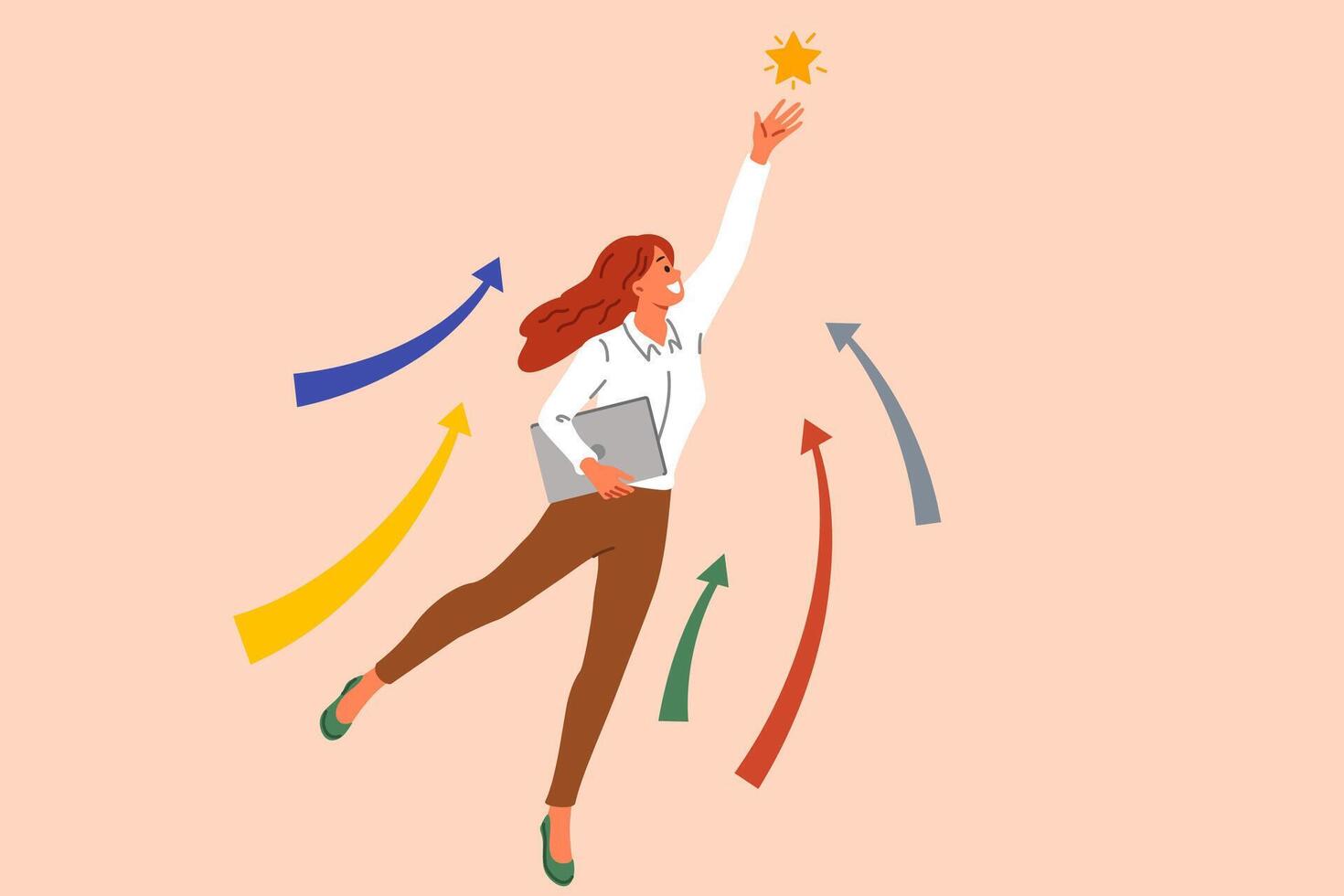 Ambitious woman strives for business progress, grabbing star from sky and reaching new level vector
