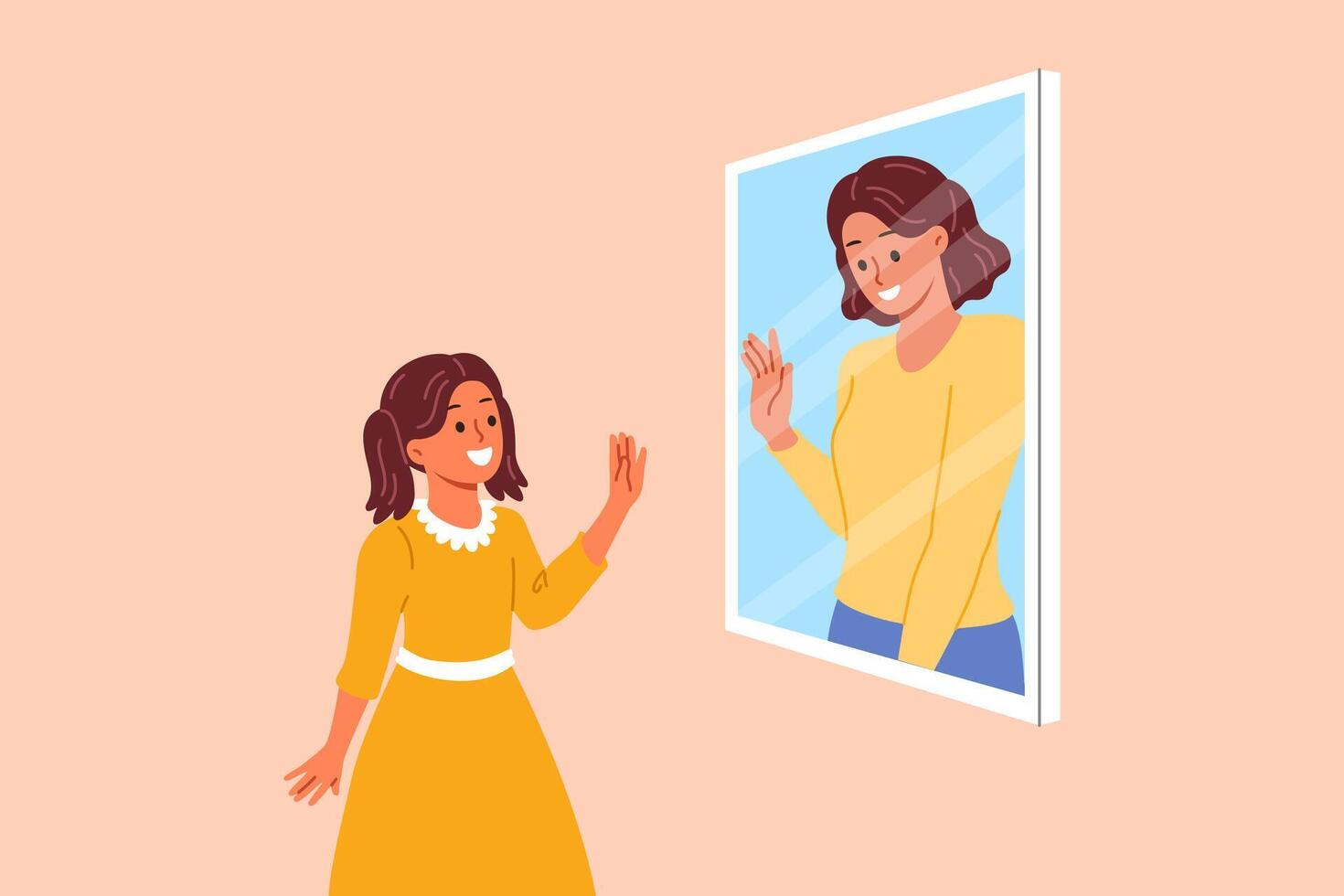 Mental connection between generations, in form of little girl looking in mirror and seeing mother vector