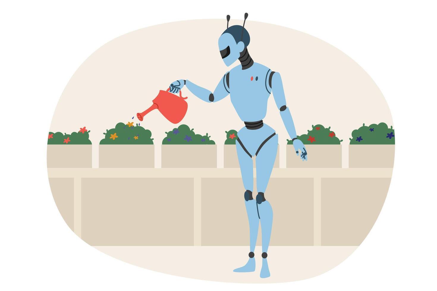 Robot waters plants in garden, helping people monitor flowers and bushes growing in greenhouse or hothouse. Automation concept for gardening and greenhouses to increase industry productivity vector