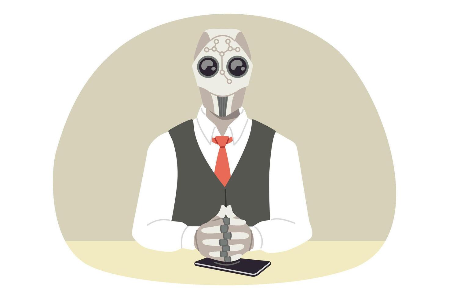 Robot boss of company sits at table with mobile phone and makes management decisions. Cyborg boss from large corporation in formal clothes and tie, after introducing innovative technologies into robot vector