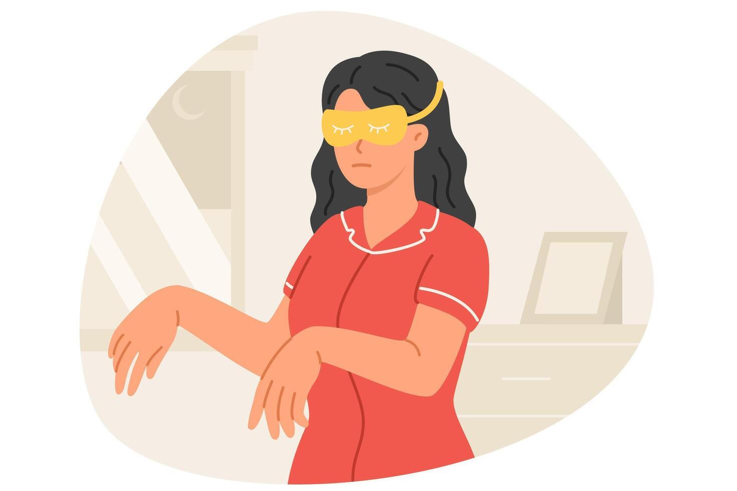 Sleepwalking woman with sleep mask, stands in room with arms forward and moves around in sleep. Sleepwalking girl in pajamas suffers from mental disorder that causes uncontrolled movements at night vector