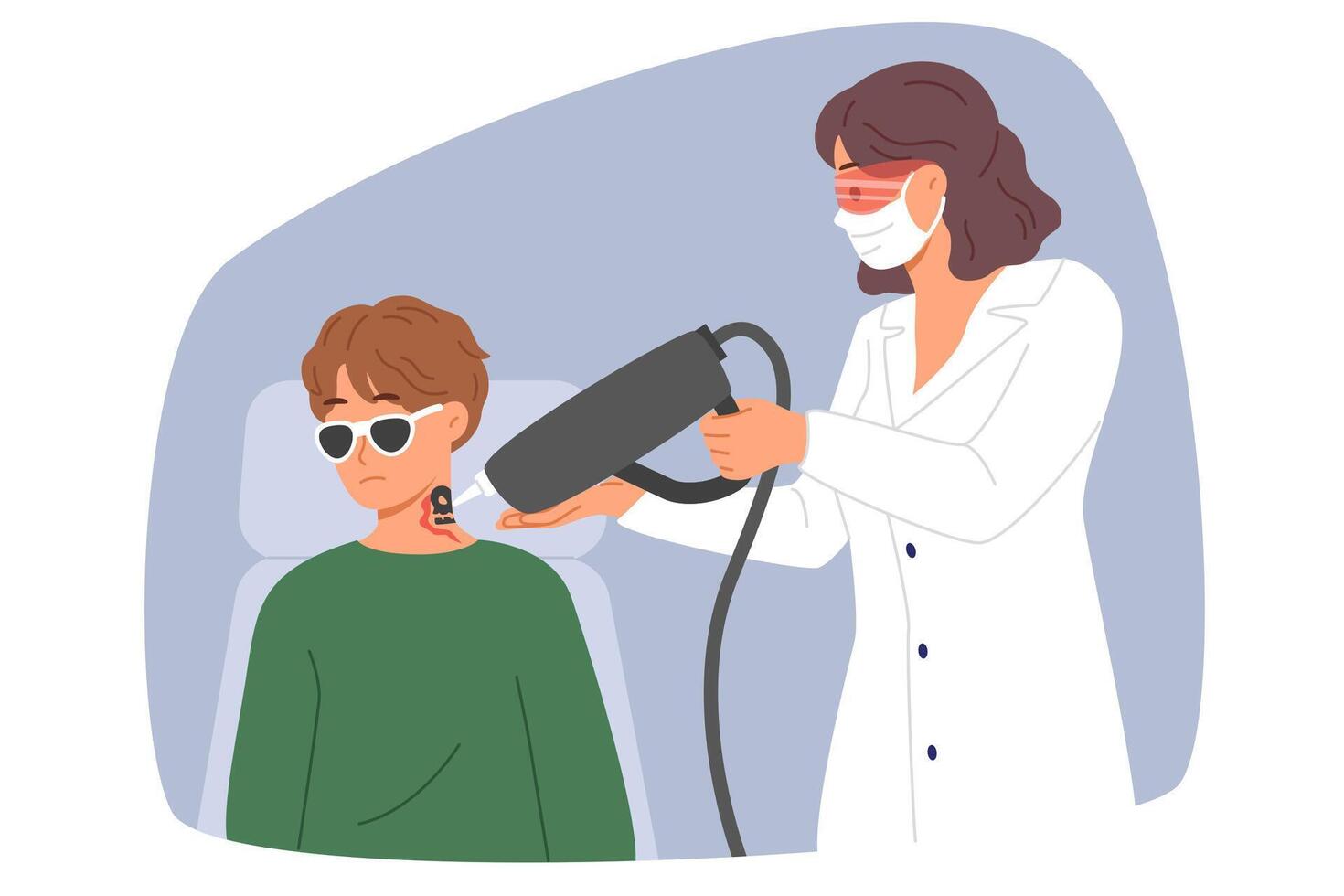 Doctor removes tattoo from man neck using laser medical equipment to clear ink from skin. Process of removing tattoo from guy body to change person image and allow to attend formal events vector