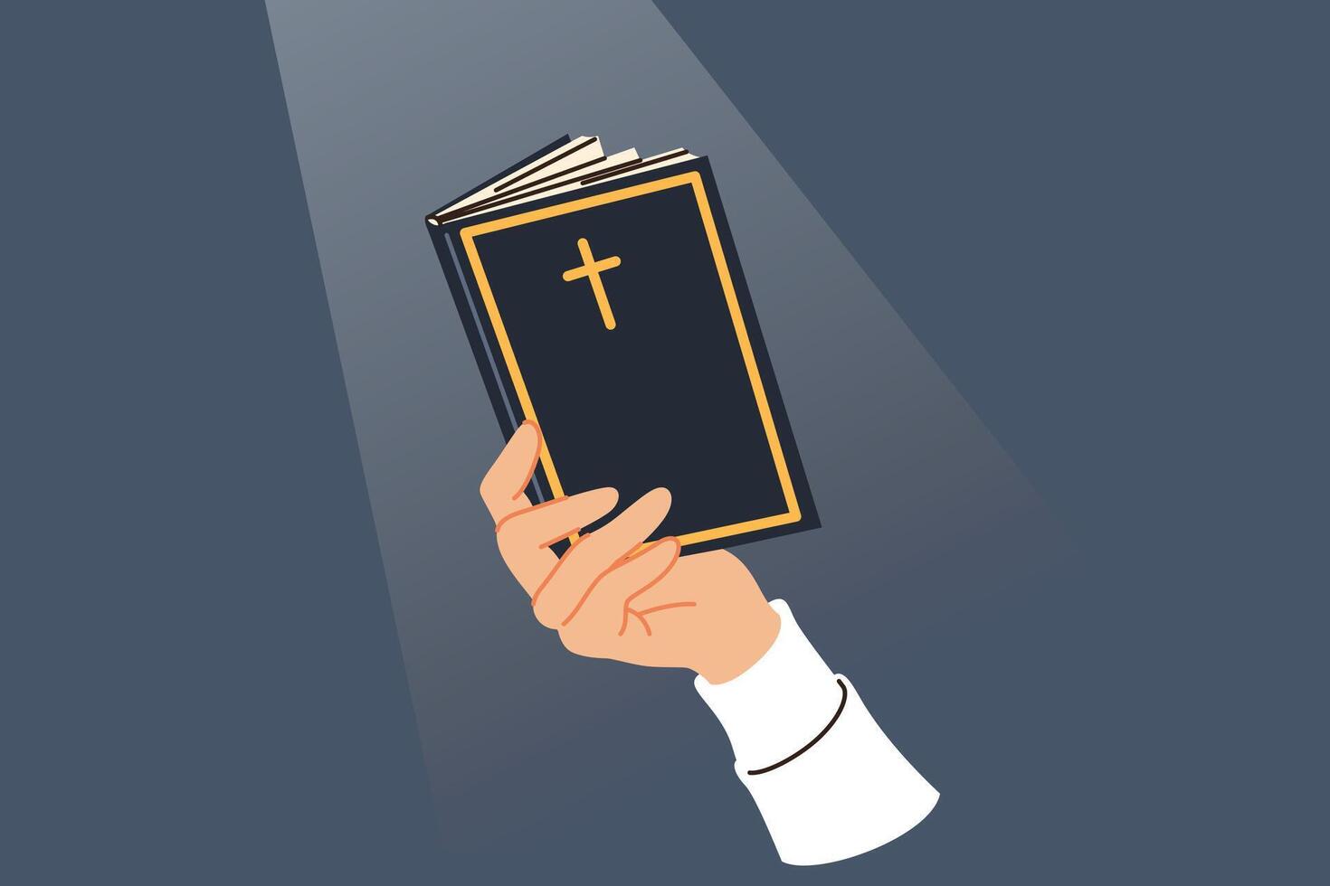 santo Biblia en mano de hombre leyendo oraciones y mandamientos, con cristiano cruzar en cubrir vector