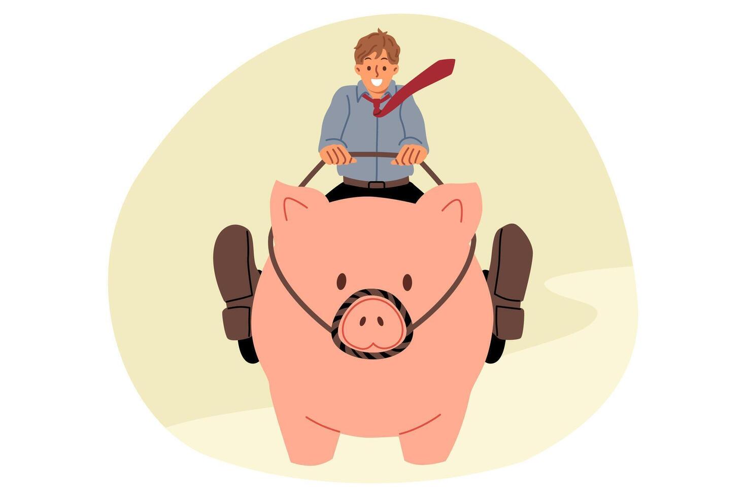 Businessman strives to make money on investments or increase income, sitting astride giant piggy bank. Ambitious man manages capital, receiving benefits from money invested in financial instruments vector