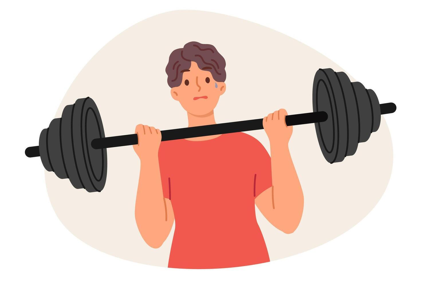 Weak man is doing fitness, trying to lift barbell to pump up big muscles and improve immunity. Tired guy doing sports exercise in gym, needs help of fitness trainer to achieve desired result vector