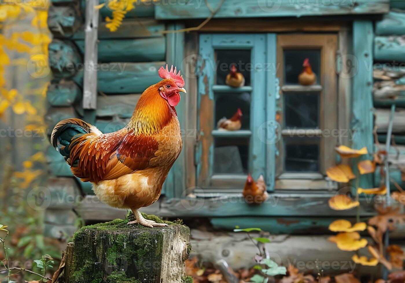 AI generated Chicken next to the old poultry house. photo
