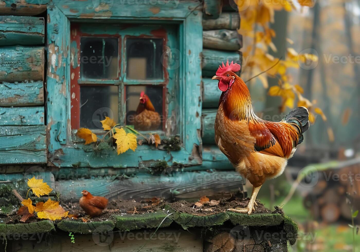 ai generado pollo siguiente a el antiguo aves de corral casa. foto