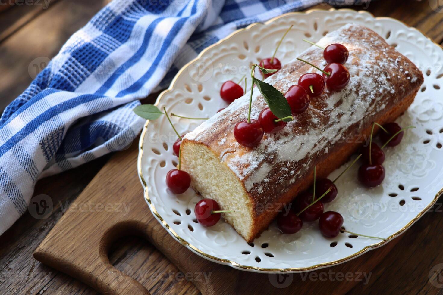 Home made cherry biscuits with vanilla and icing sugar photo