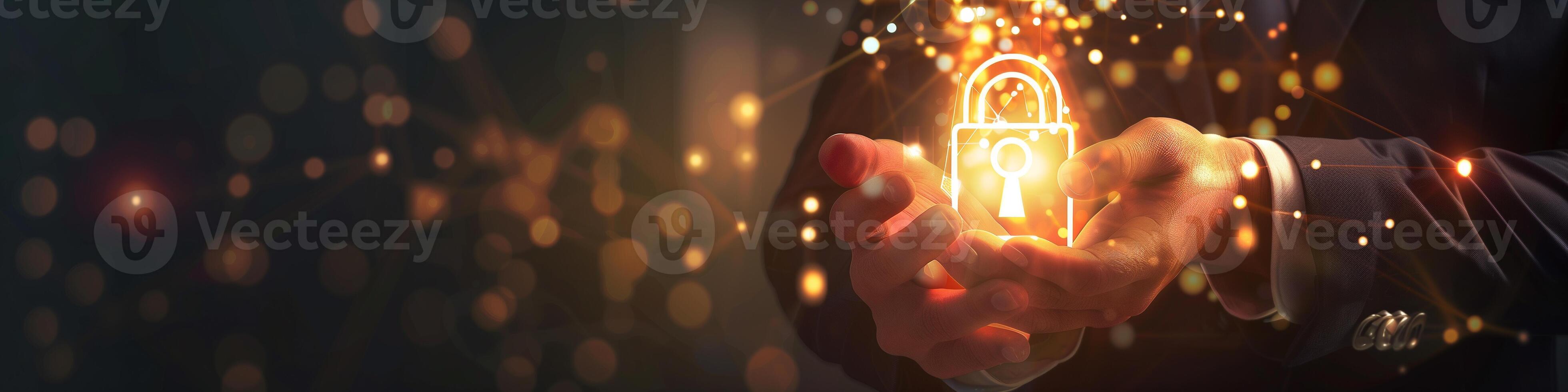 AI generated Closeup of businessman hand holding digital padlock in data protection technology network photo