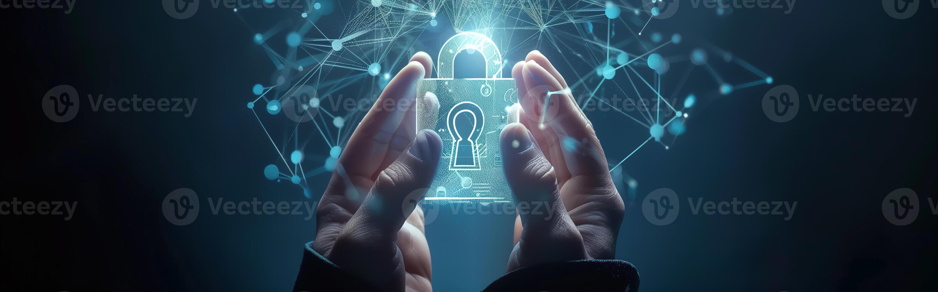 AI generated Closeup of businessman hand holding digital padlock in data protection technology network photo