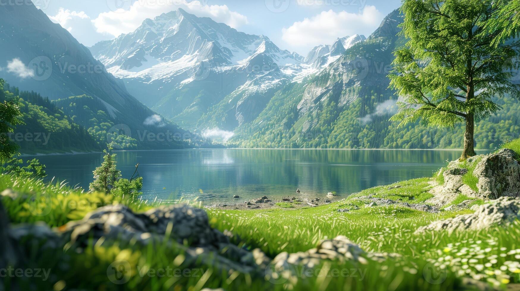 ai generado sereno montaña lago tranquilidad con reflexivo aguas y floral adornos foto