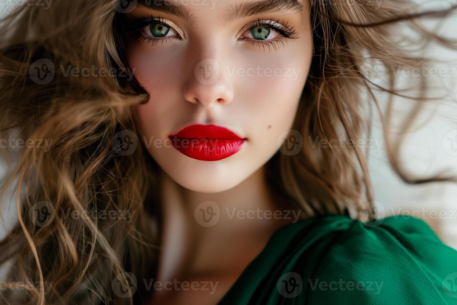 ai generado retrato de un hermosa hembra modelo con ondulado pelo vistiendo verde ropa, hermosa cara foto