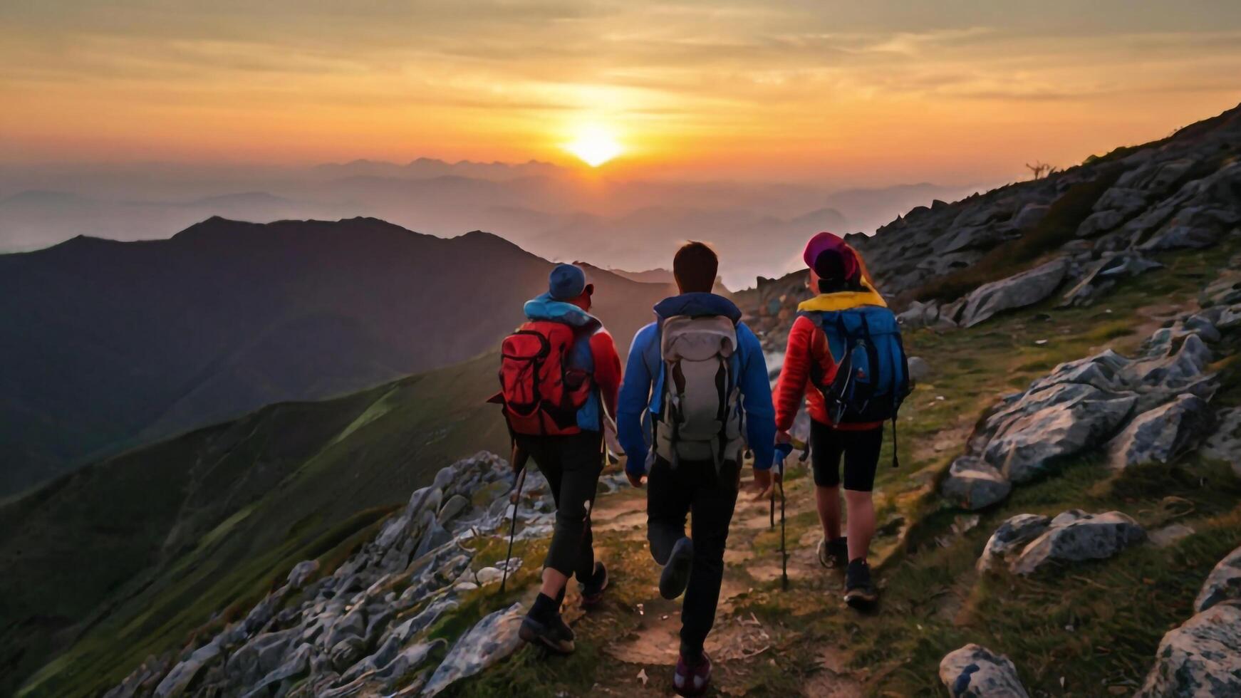 AI generated Mountain travel hike people adventure man summer journey tourism group sunset trekking. Hike travel people walk active backpack nature together sport young outdoor tourist hiker person photo