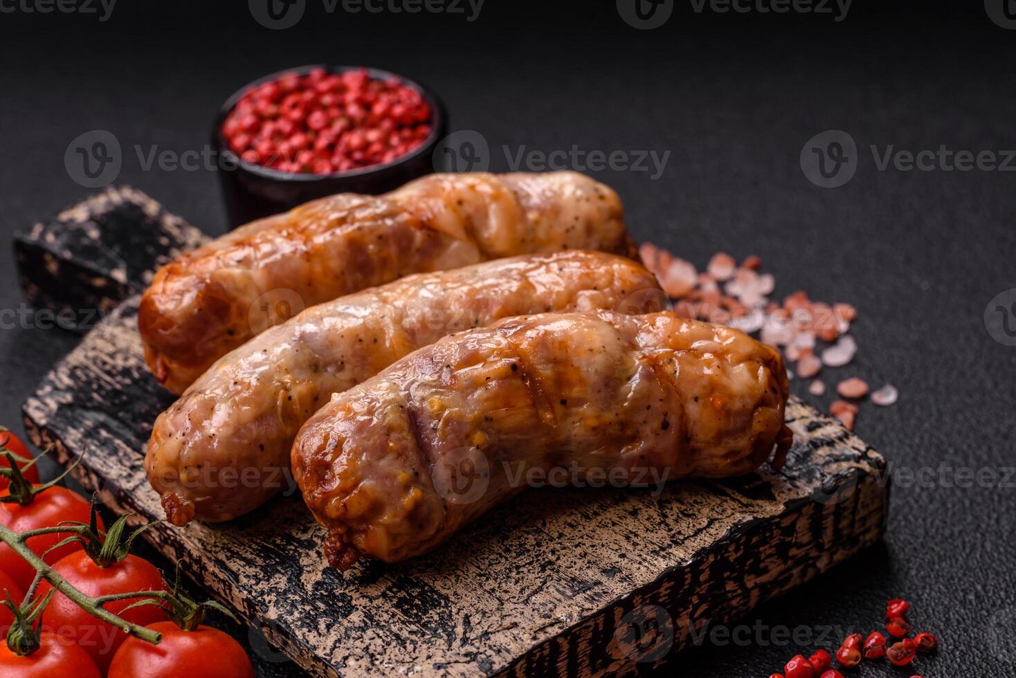 Grilled sausages with spices and herbs. With copy space photo