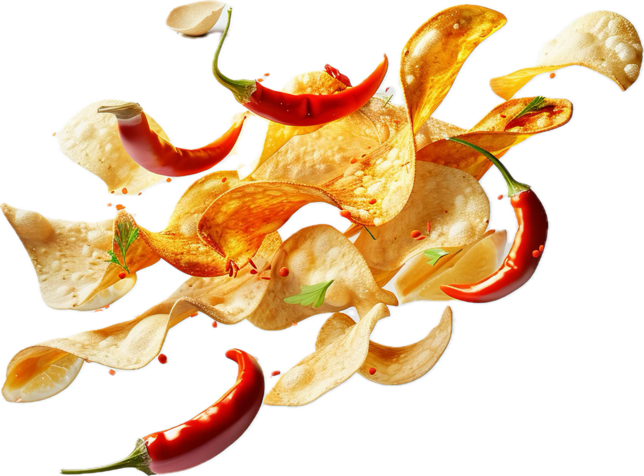 ai generato galleggiante speziato Patata patatine fritte con chili Pepe png