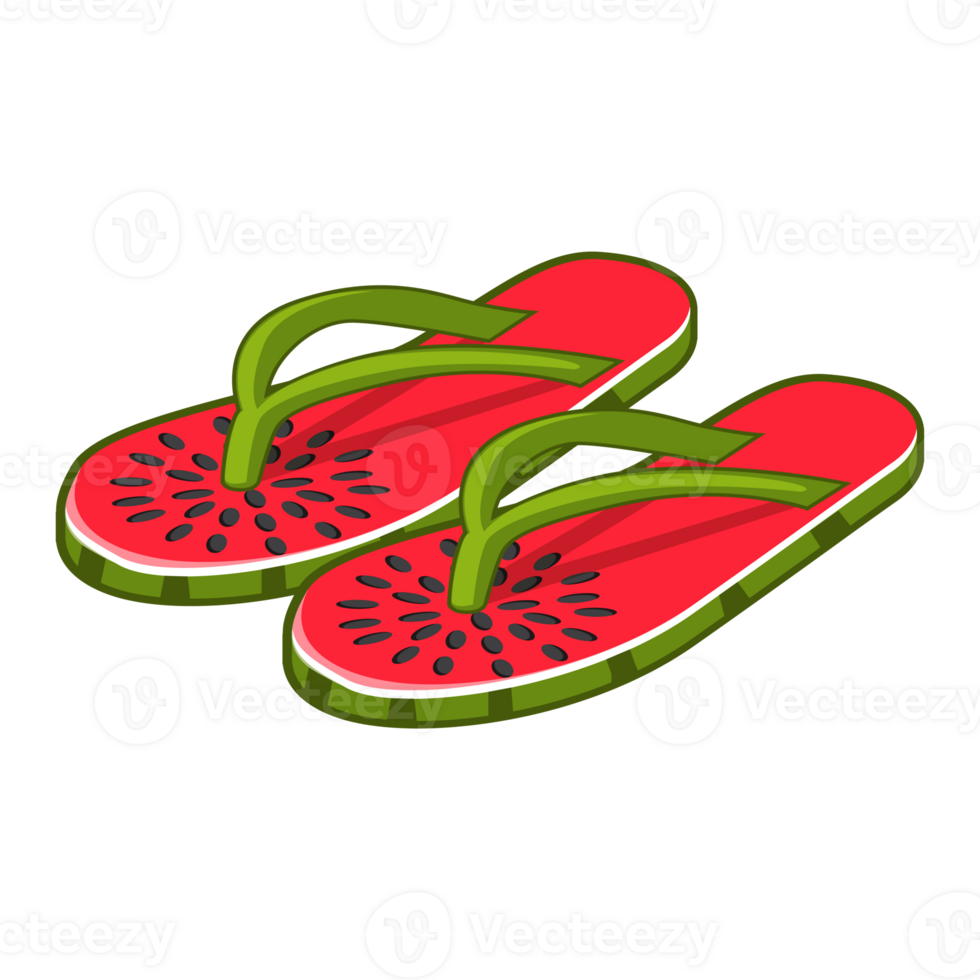 Summer beach flip-flops. Cartoon isolated slippers with watermelon, top view of sandals for female foot. png