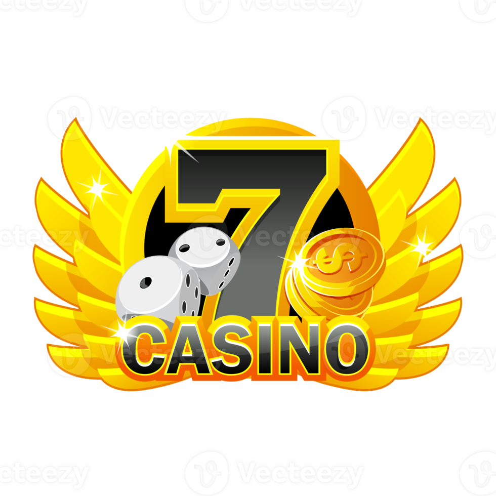 Icon casino with golden wings, dice, coins, and luck number seven. png