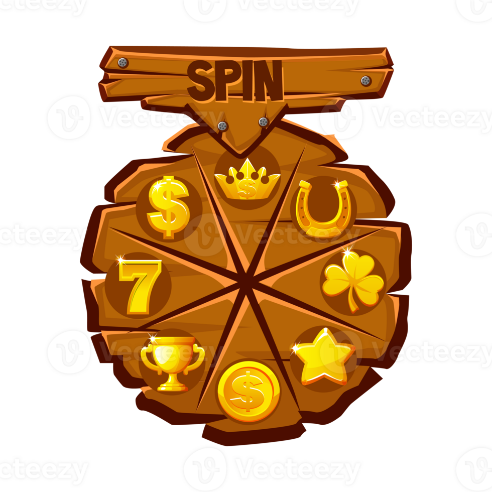 Spin game user interface design element. Wooden lucky wheel or casino fortune roulette decorated with golden icons png