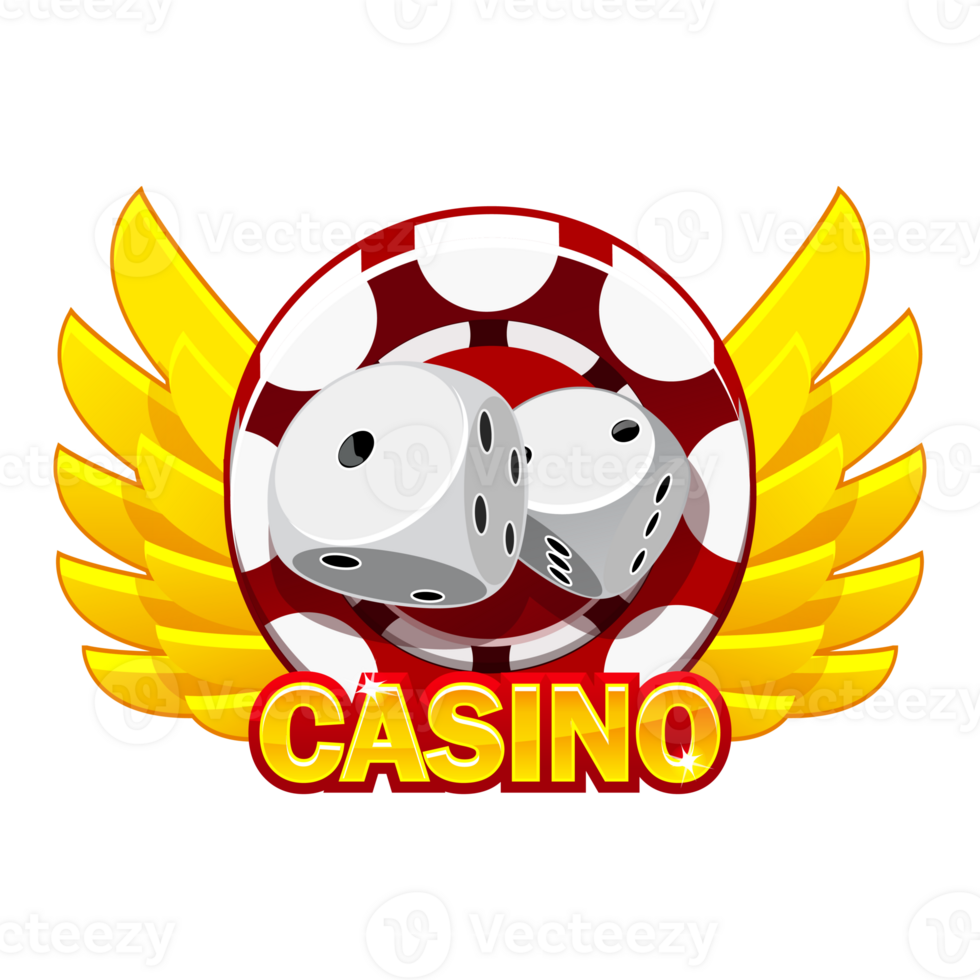 Casino icon with golden wings, dice, and poker chip. png