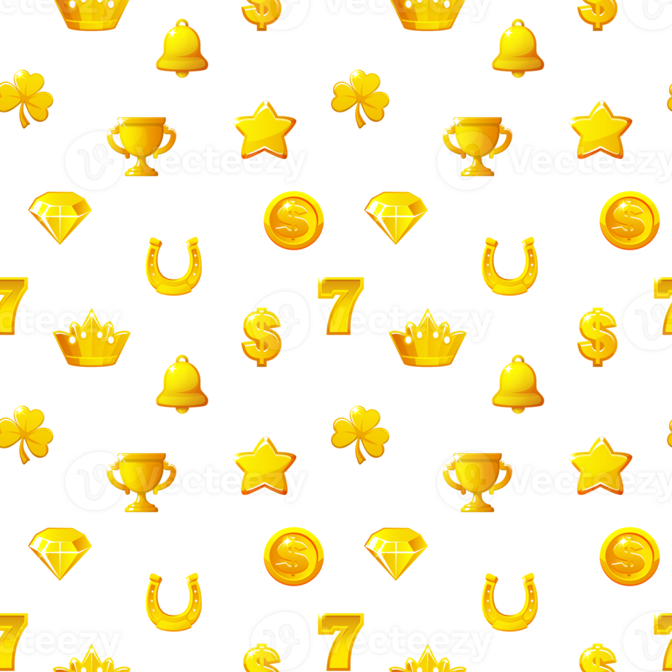 Seamless pattern with Golden slot icons on a transparent background. png