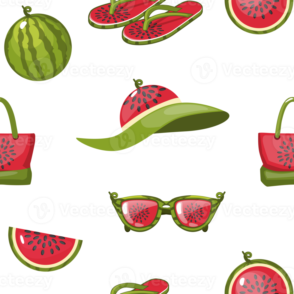 Seamless pattern watermelon objects. Watermelon, bag, sunglasses and flipflop icons. png