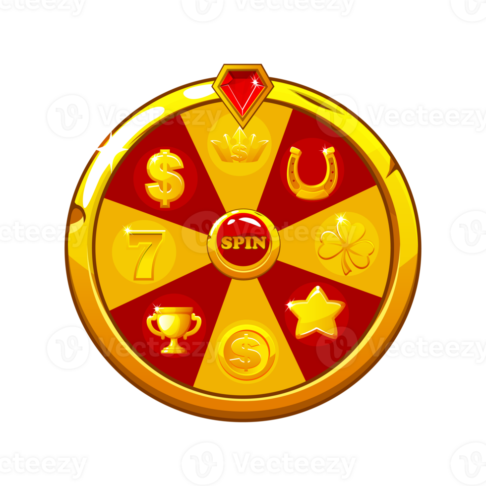 Golden and red fortune wheel spin machine with set icons. Casino banner design element for UI. png