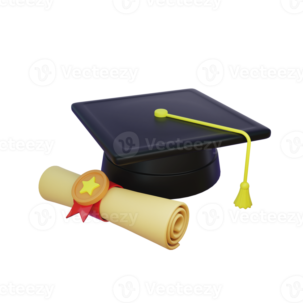 Graduation cap and diploma, cartoon style 3d rendering png