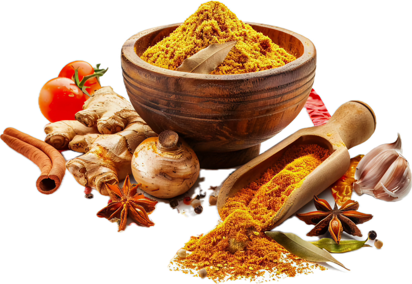 AI generated Assorted Spices and Herbs with Wooden Bowl png