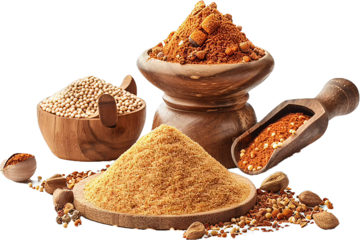 AI generated Assorted Spices and Herbs with Wooden Bowl png