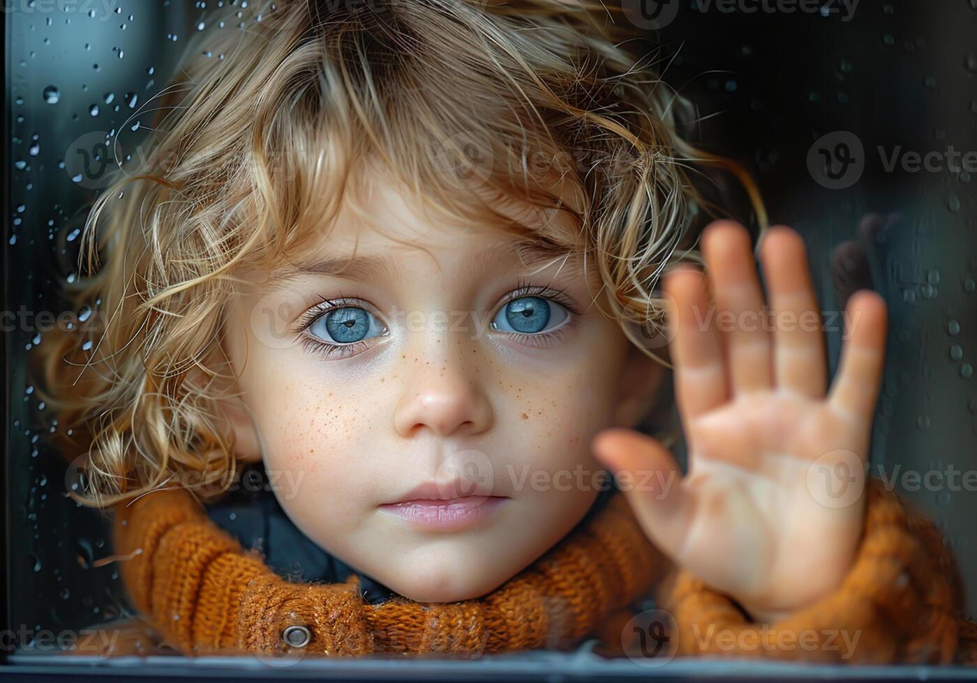 AI generated Child behind a window with his hand on the glass looking thoughtful photo